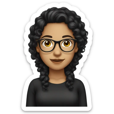 Pretty Hispanic girl with long black curly hair with glasses and black shirt sticker
