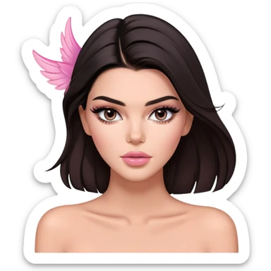 Kendall Jenner model, elongated face, long flowing dark hair, pink glossy lips, pink blush on cheeks, dramatic winged eyeliner, bare shoulders sticker