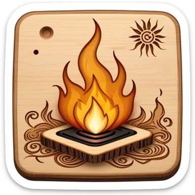 Pyrography icon, wooden board with intricate burn marks, pyrography wood burner in use, detailed patterns, minimalistic style, clean lines, transparent background. sticker