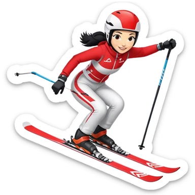 Skifahrerin Abfahrtshocke Anzug rot weiss Name Stephanie Ski Name Head schwarze Haare lächeln  sticker