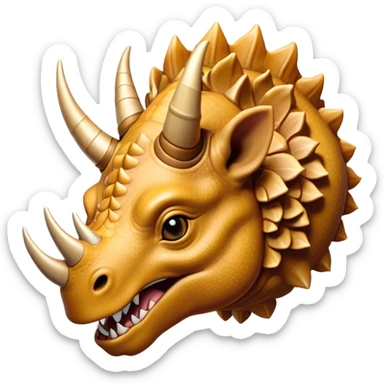 Cinematic Noble Triceratops Portrait Emoji, Poised and formidable, with a robust, stocky build adorned by three prominent horns and a broad, intricately frilled head, exuding ancient strength and wisdom, Simplified yet sharply defined features, highly detailed, glowing with a soft, earthy radiance, high shine, intelligent and stalwart, stylized with an air of prehistoric majesty, focused and resolute, soft glowing outline, capturing the essence of a watchful and confident Triceratops that appears ready to charge out of the screen with effortless power! sticker