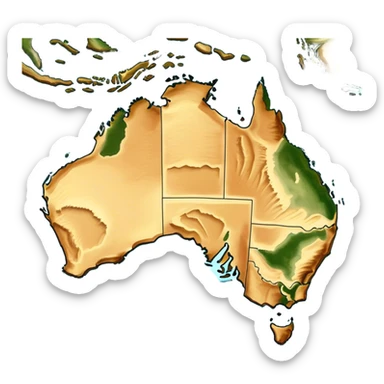 Outline and Landmass of Australia – map of Australia, featuring its distinct coastline and iconic landmass shape. The deep blue ocean surrounds the golden-brown continent, with subtle topographic details highlighting its vast deserts, lush forests, and rugged coastline. A soft glow accentuates the edges, making the shape unmistakable. sticker