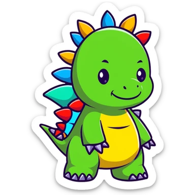A cartoon baby stegosaurus toy with a cute onesie and tiny colorful spikes sticker