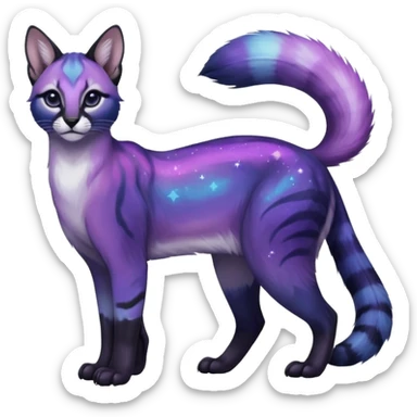 Colorful black-violet-indigo-purple-gradients nebulae nebula starry galactical shiny tropical pale light fruity pastel white glorious iridescent divine exotic cute cool beautiful realistic antasy-caracal-civet-genet-sergal-vernid-Cacomistle-Trico-oncilla-animal-Fakémon-hybrid-fursona (full body) sticker