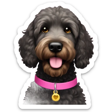 Black goldendoodle with a pink collar sticker