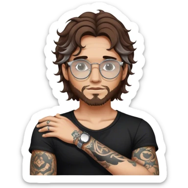 a man with brown wavy hair, black top, white skin, silver round glasses, tattoos sticker