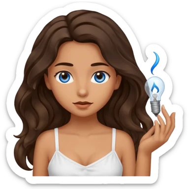 Girl with olive skin, blue eyes, brown dark insanely wavy long hair, white camisole, getting an idea sticker