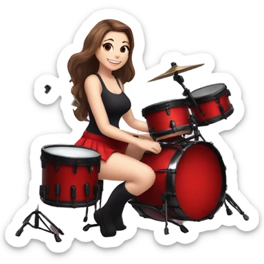 alistic full body caucasian curvy beauty short black skirt front view knickers long white socks sitting playing red drumkit sticker