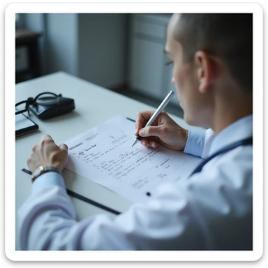doctor filling out a prescription on letterhead, writing 'Dried pig thyroid', patient watching attentively, clinic environment, hyperrealistic 4K details sticker