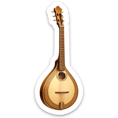 Bouzouki – Cinematic Realistic Bouzouki, depicted as a beautifully crafted Greek string instrument with a long neck and ornate fretwork, its polished wooden body reflecting warm golden light, set on a rustic background with soft shadows that evoke traditional Mediterranean music. sticker