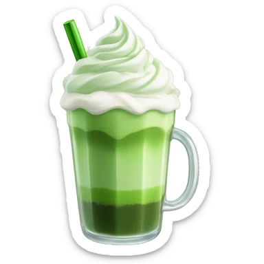 a glass of matcha latte with whipped cream and green tea powder on top. Without straw
 sticker