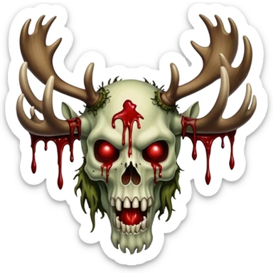 A giant looming Alaskan zombie Titan with blood dripping moose antlers and covered in moss and blood. In the style of your bleeding skull art sticker