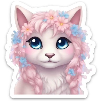 Anthro Cute Cool Blushing Pastel Innocent Shy Kawaii gorgeous sparkly ethereal fantasy anime animal creature with blue eyes furry sona with flowers and ribbons beautiful aesthetic sticker