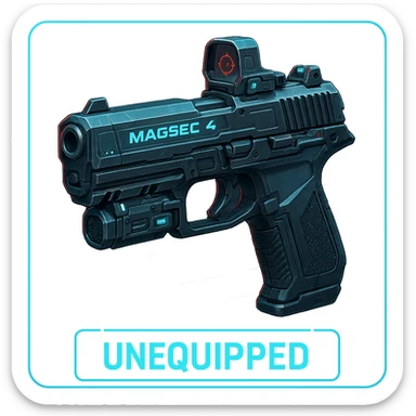 the image is the icon for a videogame  item. futuristic cyberpunk -ready to equip- it is master craftsmanship [ unequipped item ]
It is a magsec4 pistol with a mini-holo - neatly staged 3/4 profile view sticker