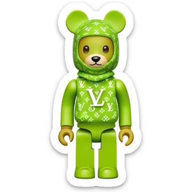 bearbrick toy wearing a lime green balaclava with LV monogram pattern sticker