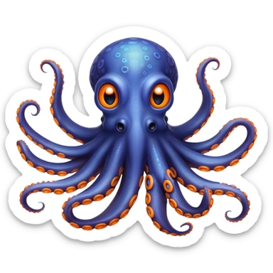 Cinematic Realistic Noble Octopus Portrait Emoji, Poised and majestic, with a sinuous, flowing body in vivid orange accented by intricately detailed blue rings, and intelligent, penetrating eyes that reflect ancient ocean lore; rendered with lifelike texture and natural iridescence, high shine, intelligent and formidable, styled with an aura of mystical marine power, focused and attentive, soft glowing outline, capturing the essence of a watchful and confident octopus that appears ready to glide out of the screen with timeless authority! sticker