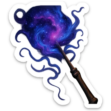 a wizard's wand topped with a vibrant nebula, swirling purples and blues, cosmic energy, fantasy illustration sticker