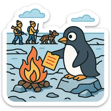 penguin on a rocky polar shore, burning secret documents in a campfire, looking around; distant horizon, two people with wolf sled, rifles, skis sticker