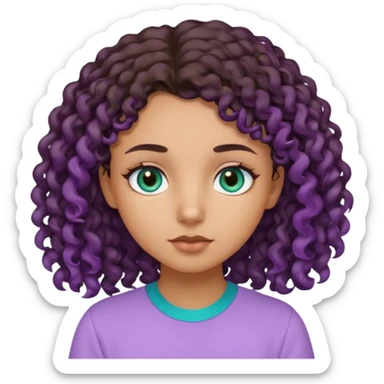 Girl with olive skin, teal eyes and dark brown hair long a little curly, light purple shirt sticker