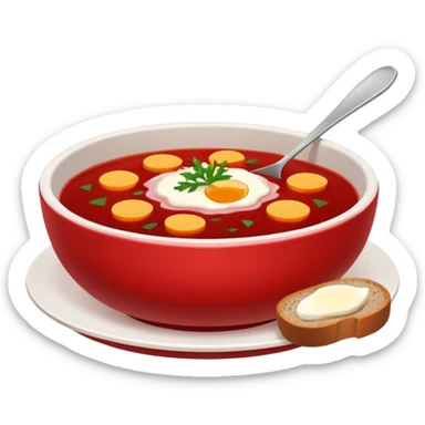 Russian cuisine avatar in clean emoji-style illustration. Borscht bowl, rye bread, warm red tones, simple shapes, flat design, high contrast, friendly and bold. sticker