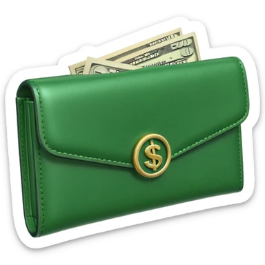 Rich emoji style green leather wallet with dollar bills, luxury money vibe, premium 3D emoji, ultra clean, high detail, no background sticker
