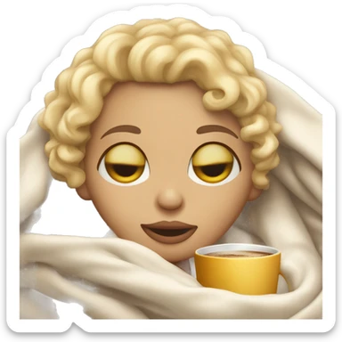Blonde short hair curly girl inside a blanket sipping coffee eyes closed sticker