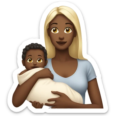 a white woman holding a baby sticker