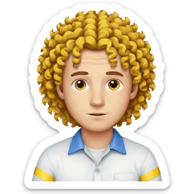 Make me an emoji that has a guy with a white shirt and yellow tape around the shirt with brown and blue spots hair make the hair curly sticker