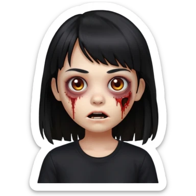 uma garota zumbi no formato Memoji da apple com o cabelo cumprido, preto liso e com franja, blusa preta sticker