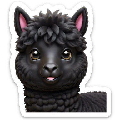 Cinematic Cute Black Alpaca Portrait Emoji, Head tilted playfully and inquisitively, featuring a plush, shiny jet-black fleece with a lustrous sheen, round, sparkling dark eyes filled with curiosity, Simplified yet irresistibly adorable features, highly detailed, glowing with a warm, friendly glow, high shine, affectionate and gentle, stylized with a touch of whimsy, bright and endearing, soft glowing outline, capturing the essence of a mischievous yet loving alpaca, so playful it feels like it could prance out of the screen and into your arms! sticker