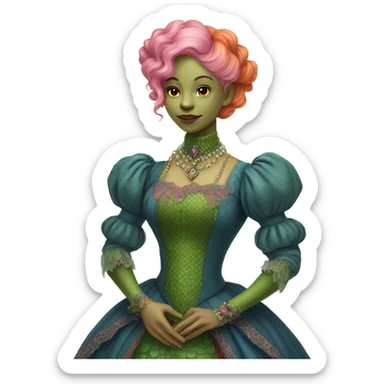 a green reptilian woman in Victorian orange and blue dress, pink hair,holdig, red big hearth, full body sticker