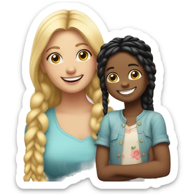 An emoji of a blonde mother with very long hair and a cheerful expression, standing next to her 3-year-old daughter, a small girl with black hair styled in two braids, both smiling happily together sticker