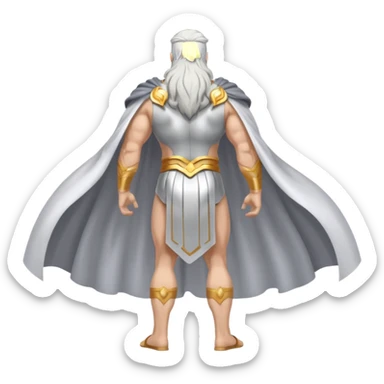 fullbody silverhair god ZEUS, white back cape, standing still rearview sticker