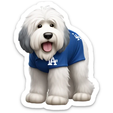 Old English Sheepdog full height wearing a Los Angeles dodgers shirt baseball sticker