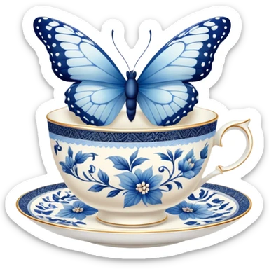 A delicate butterfly with navy wings, resting on the edge of a perl porcelain teacup adorned with intricate pastel blue floral patterns. sticker