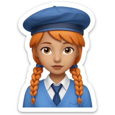 orange braided hair girl, wearing white shir, a brown berret Hat, Blue Necktie sticker