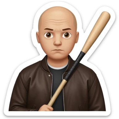 Bald Russian 1990s gangster emoji, leather jacket, , serious face with a bat sticker