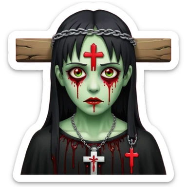 zumbi verde com olhos vermelhos sangrando e franja roupa preta e um crucifixo como colar sticker