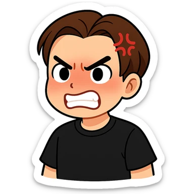 A cartoon man matching the reference image, angry with a slightly red face. He wears a plain black t-shirt with no spots. Style: chibi stickers. sticker