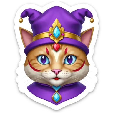 crazy colorful cute little cat jolly joker from poker, medieval, vintage, court jester, mac os icon, purple, gold and red color, half body, blue ice eyes. Squared shape as 3D mac os icon, symmetrical sticker