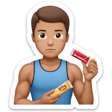 A male athlete holding a protein bar and frowning sticker