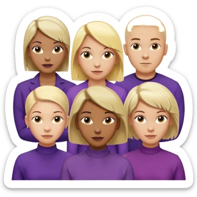 5 person team; 2 men and 3 women.  All dressed in yellow or purple.  1 caucasian woman with blonde mid length hair. 1 caucasian woman with blonde short length hair. 1 caucasian woman has ash blonde hair tied up. 1 man is African-american and bald, 1 man is caucasian and very little hair left.  
 sticker