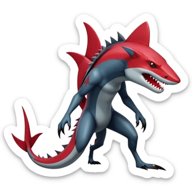 Realistic dark edgy futuristic modern advanced Sharpedo-Zoroark-Scizor-canine-vernid-sergal-fursona-hybrid-animal creature with a shark-tail and red scars, full body, with cool sharp markings  sticker