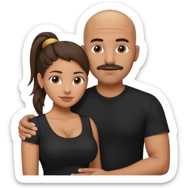 A picture of a tanned couple with the man's arm around the woman. the man is a Mexican man with tanned skin, a bald hair cut, short beard and wearing a black shirt. the woman is mixed, with curly hair in a pony tail, with big boobs  sticker