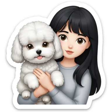 A girl with long black hair and airy bangs, fair skin, holding a gray Bichon Frise with white fur on its chest. sticker