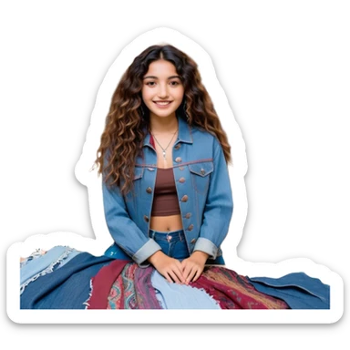 A young 25-year-old Latina entrepreneur with long, wavy hair, brown eyes full of passion, and a friendly smile. She wears recycled boho-style clothing, with an intervened denim jacket and eco-friendly accessories. He is in a textile recycling workshop surrounded by reused fabrics, mannequins and sewing machines. The lighting is warm and inviting, with sustainable fashion sketches on the walls. Sofía is designing a unique garment, transmitting creativity and determination sticker