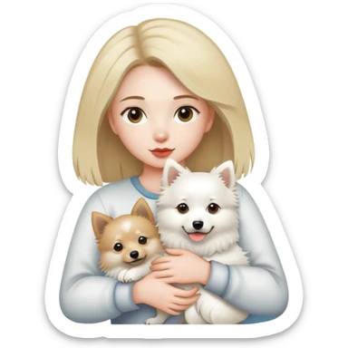 dark blonde girl with a pale skin holds a Japanese spitz dog in her arms sticker