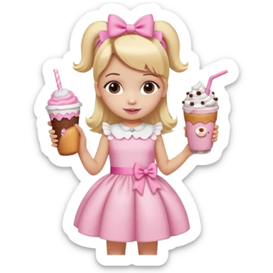 A little girl with a Dunkin' milkshake and a donut with pink frosting and marshmallows, wearing a pink coquette-style dress with bows and blonde hair. sticker