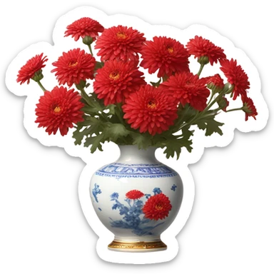 A Victorian oil painting of red chrysanthemums in a delicate porcelain vase on a lace-covered table. sticker