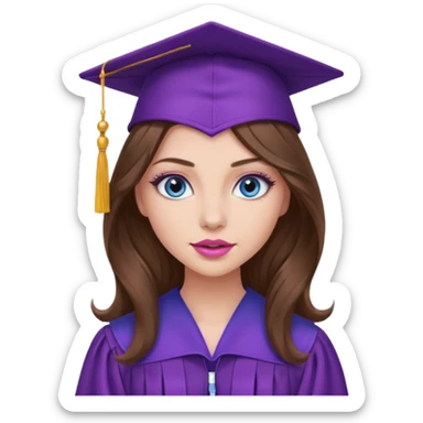 girl with long wavy brown hair, blue eyes, long lashes makeup, sexy pink lips, wearing a purple graduation cap and gown sticker